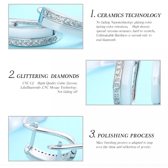 NEW Luxury‎ White Ceramic Diamond Hoop Earrings - Picture 12 of 15